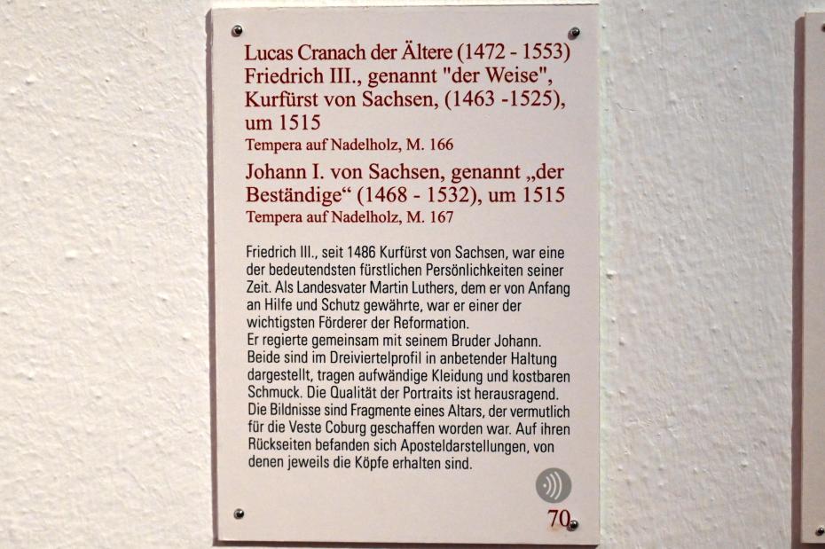 Lucas Cranach der Ältere (1502–1550), Friedrich III., genannt "der Weise", Kurfürst von Sachsen (1463-1525), Coburg, Kunstsammlungen der Veste Coburg, Altdeutsche Malerei, um 1515, Bild 2/2