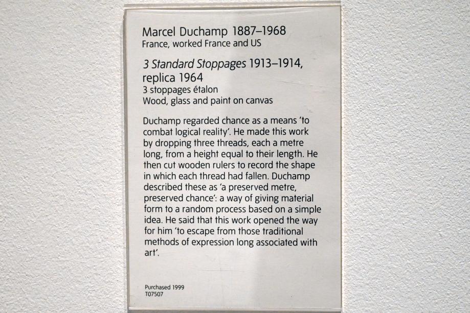 Marcel Duchamp (1911–1964), 3 Standardstopps, London, Tate Gallery of Modern Art (Tate Modern), Materials and Objects 4, 1913–1914, Bild 3/3