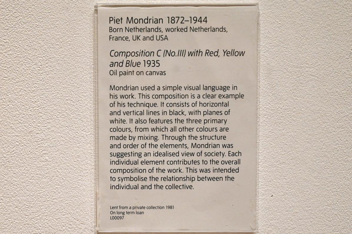 Piet Mondrian (1908–1942), Komposition C (Nr. III) in Rot, Gelb und Blau, London, Tate Gallery of Modern Art (Tate Modern), Artist and Society 2, 1935, Bild 2/2