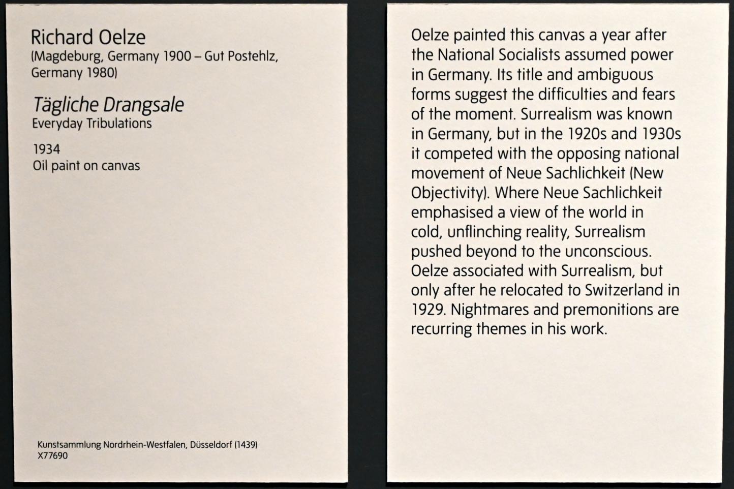 Richard Oelze (1934–1966), Tägliche Drangsale, London, Tate Modern, Ausstellung "Surrealism Beyond Borders" vom 24.02.-29.08.2022, Saal 3, 1934, Bild 2/2