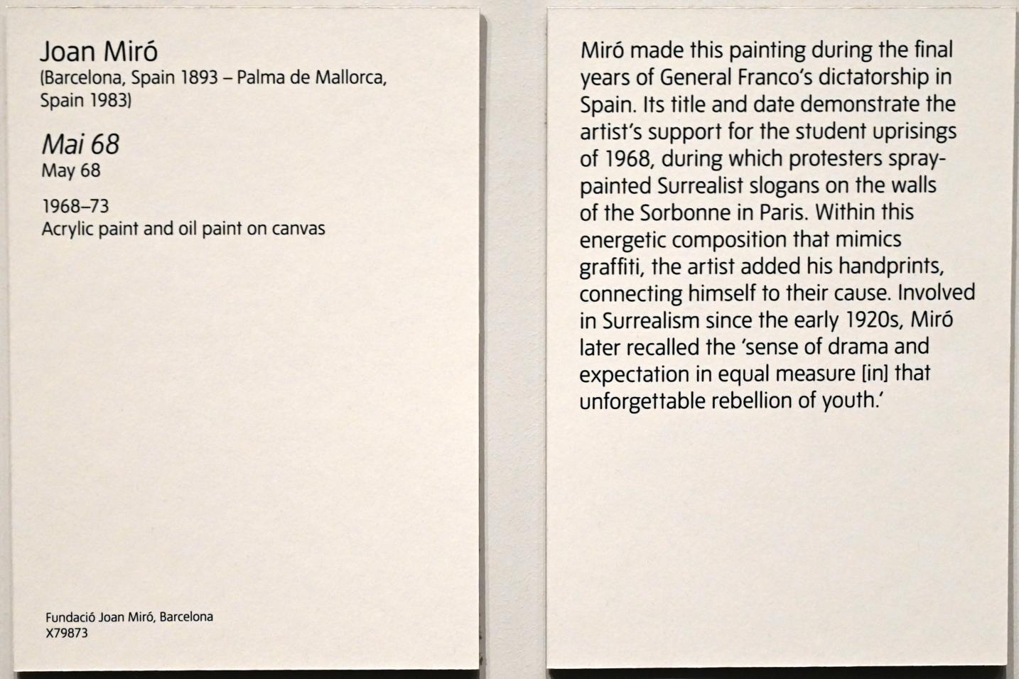 Joan Miró (1917–1970), Mai 68, London, Tate Modern, Ausstellung "Surrealism Beyond Borders" vom 24.02.-29.08.2022, Saal 3, 1968–1973, Bild 2/2