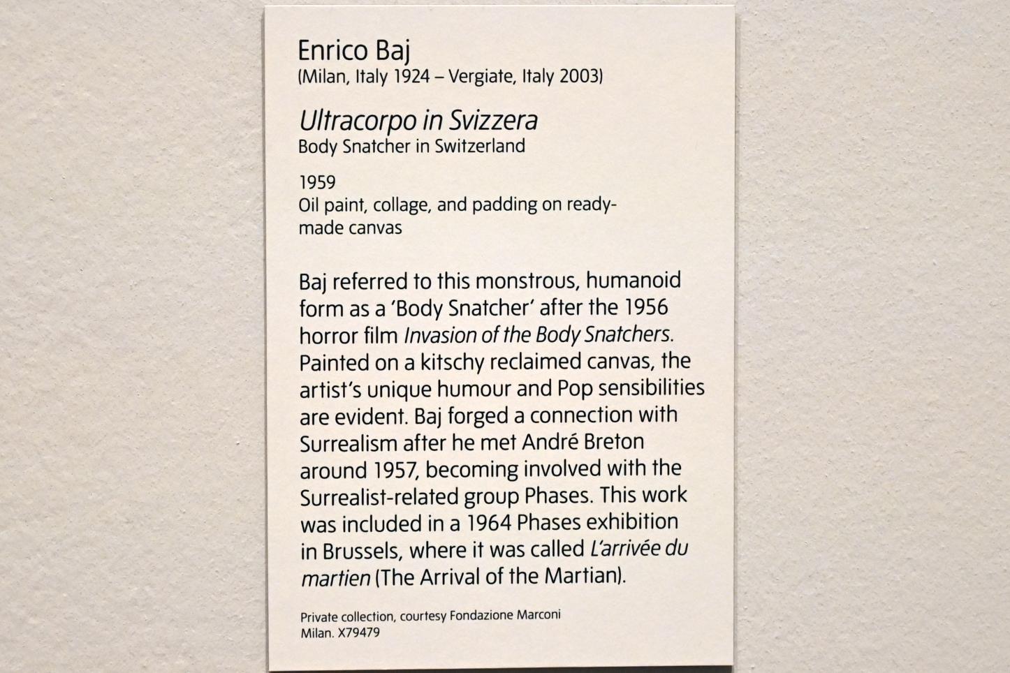 Enrico Baj (1959–1963), Leichenräuber in der Schweiz, London, Tate Modern, Ausstellung "Surrealism Beyond Borders" vom 24.02.-29.08.2022, Saal 9, 1959