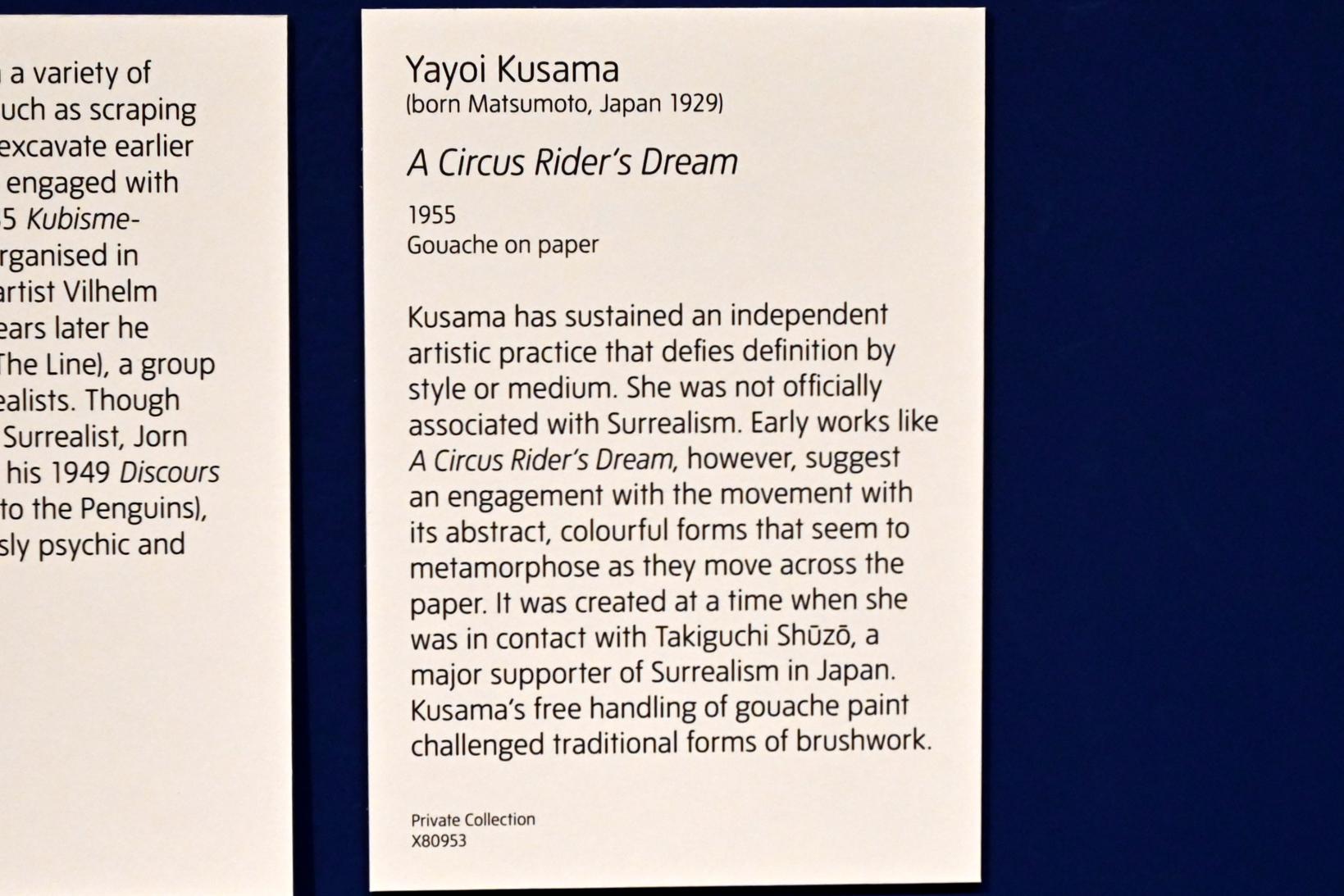 Yayoi Kusama (1955–1976), Der Traum eines Zirkusreiters, London, Tate Modern, Ausstellung "Surrealism Beyond Borders" vom 24.02.-29.08.2022, Saal 11, 1955, Bild 2/2