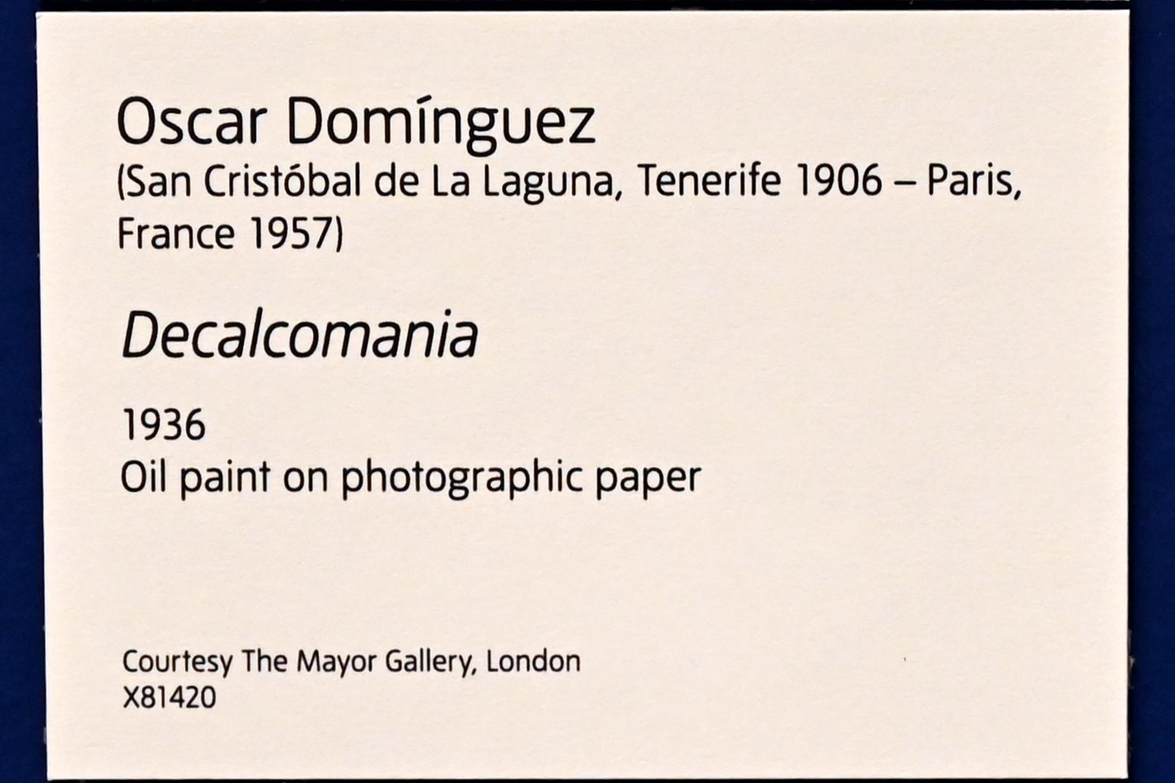 Óscar Domínguez (1932–1943), Decalcomania, London, Tate Modern, Ausstellung "Surrealism Beyond Borders" vom 24.02.-29.08.2022, Saal 11, 1936, Bild 2/2