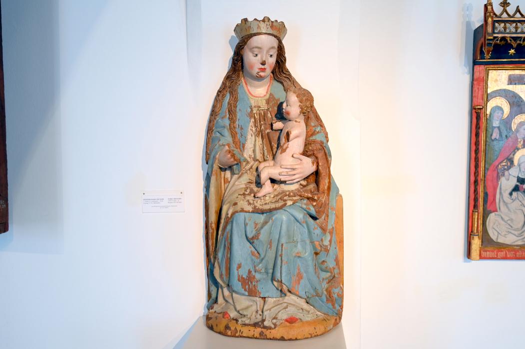 Sitzende Maria mit Kind, Egvad Sogn, Kirche St. Laurentius, jetzt Schleswig, Landesmuseum für Kunst und Kulturgeschichte, Saal 1, 3. Viertel 15. Jhd.