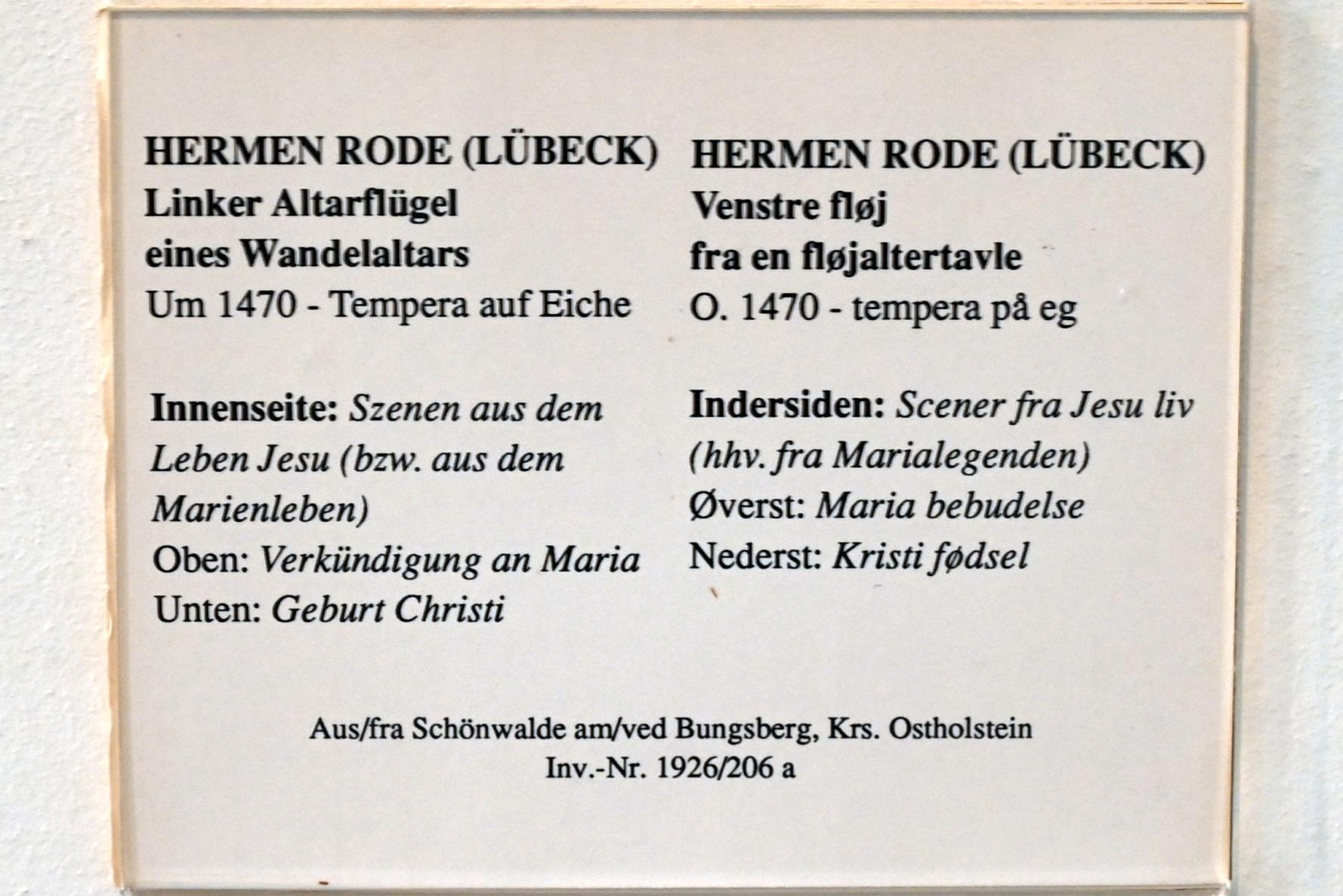 Hermen Rode (1470–1485), Linker Altarflügel eines Wandelaltars, Schönwalde am Bungsberg, Kirche, jetzt Schleswig, Landesmuseum für Kunst und Kulturgeschichte, Saal 3, um 1470, Bild 2/2