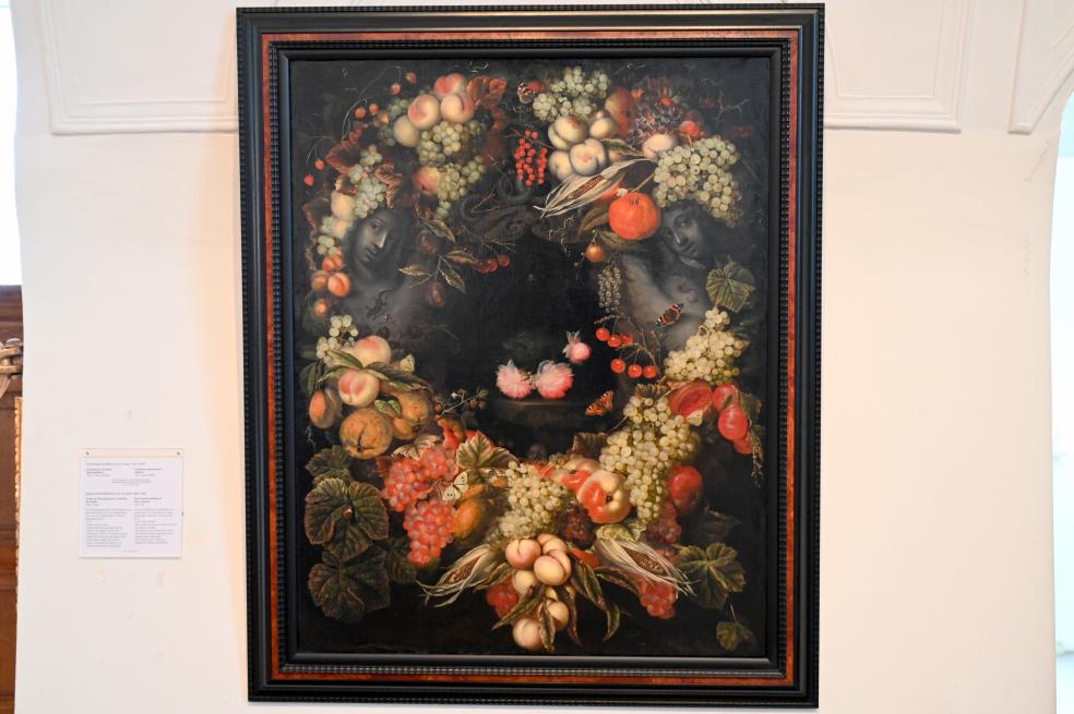 Ottmar Elliger der Ältere (1666), Früchtekranz mit einem Blumenstillleben, Schleswig, Landesmuseum für Kunst und Kulturgeschichte, Saal 21, 1666, Bild 1/2