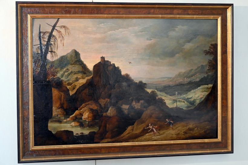 Joos de Momper (1595–1625), Felslandschaft mit Burg, Wassermühlen und Staffagefiguren, Schleswig, Landesmuseum für Kunst und Kulturgeschichte, Saal 22, um 1595