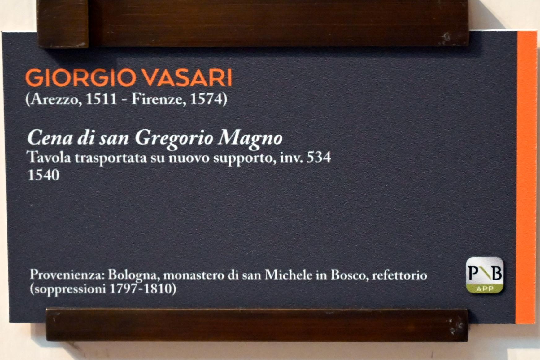 Giorgio Vasari (1540–1568), Das Abendmahl des hl. Gregor des Großen, Bologna, Kloster San Michele in Bosco, jetzt Bologna, Pinacoteca Nazionale, Saal 22, 1540, Bild 2/3