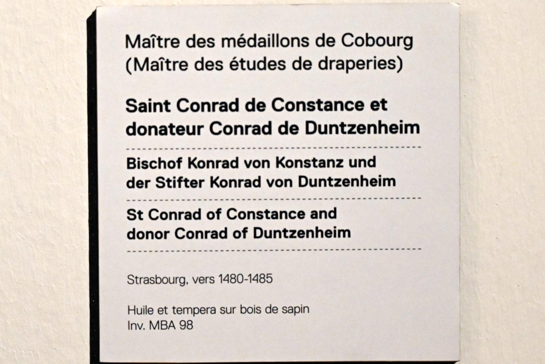 Meister der Coburger Rundblätter (1482–1490), Heiliger Bischof Konrad von Konstanz und der Stifter Konrad von Duntzenheim, Straßburg, Musée de l’Œuvre Notre-Dame (Frauenhausmuseum), um 1480–1485, Bild 2/2