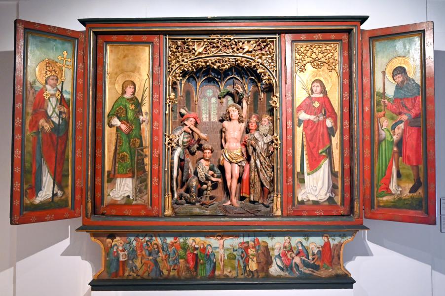 Sebastiansaltar, Neuwiller-lès-Saverne, ehem, Abtei Neuweiler, jetzt Straßburg, Musée de l’Œuvre Notre-Dame (Frauenhausmuseum), um 1520, Bild 1/3