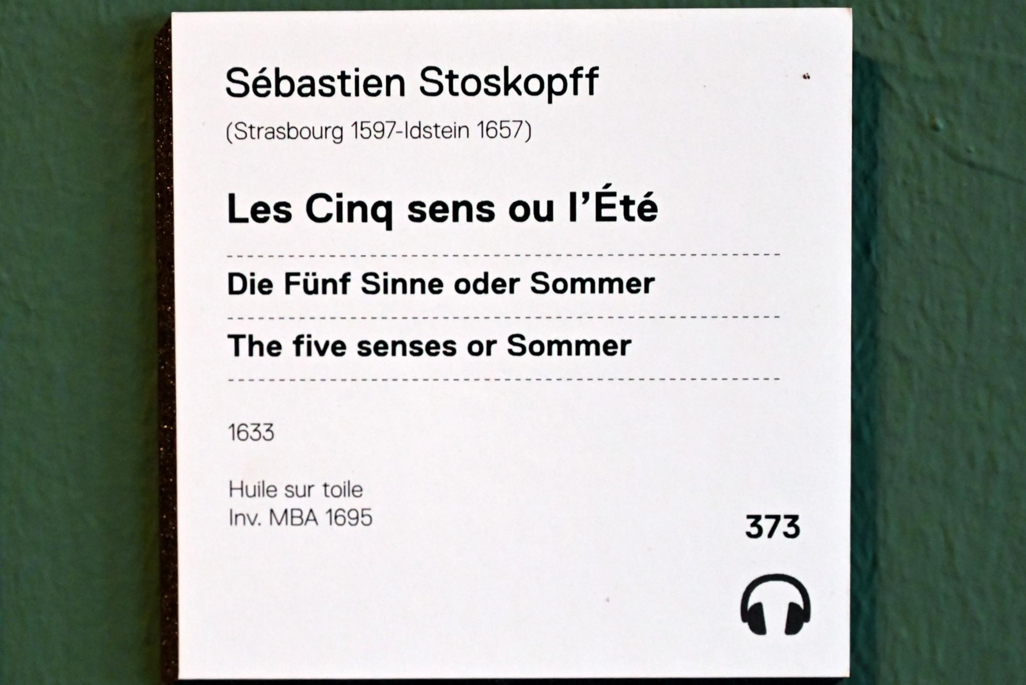 Sebastian Stoskopff (1620–1645), Die fünf Sinne oder Der Sommer, Straßburg, Musée de l’Œuvre Notre-Dame (Frauenhausmuseum), 1633, Bild 2/2