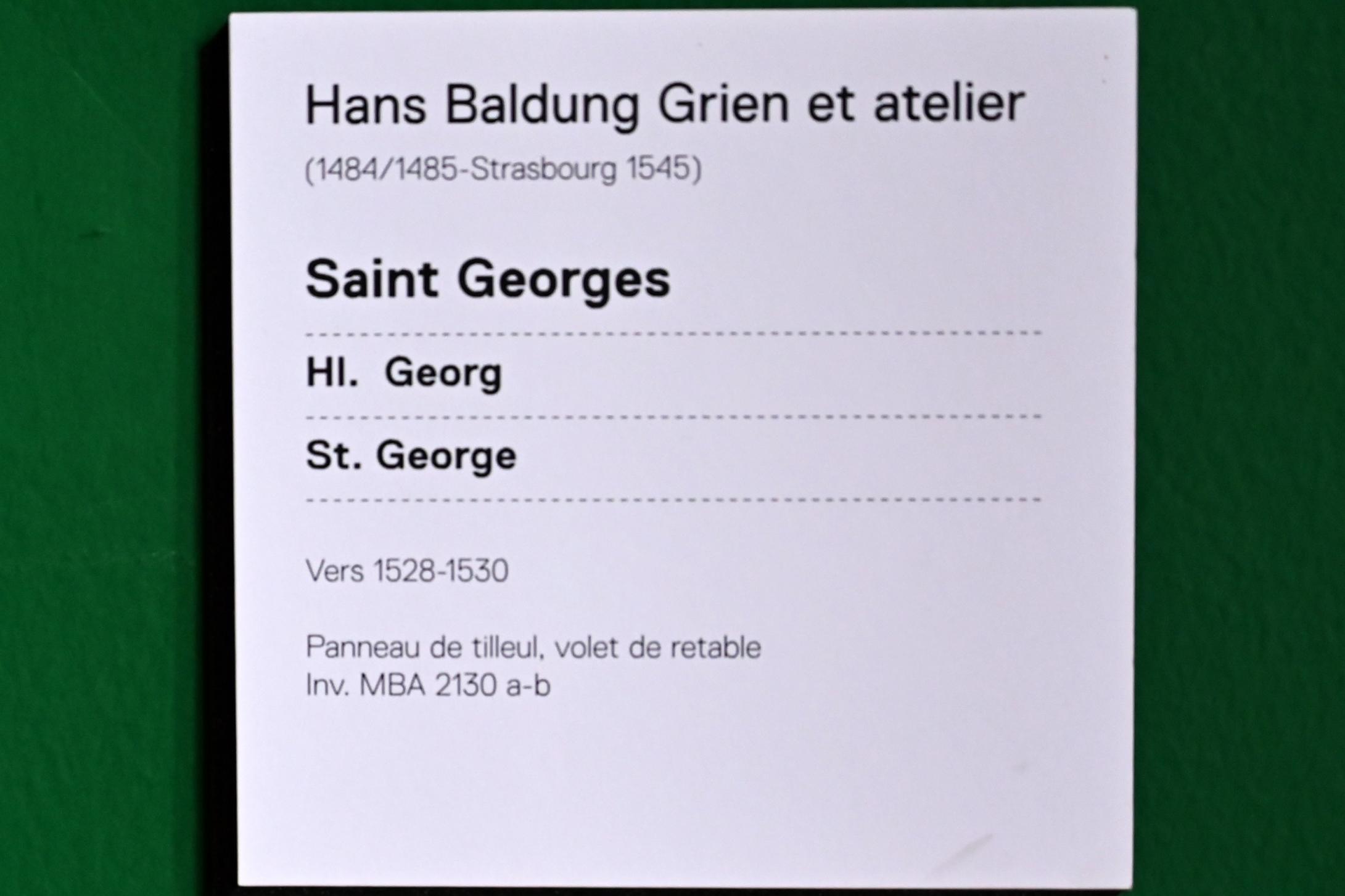 Hans Baldung Grien (1500–1544), Heiliger Georg, Straßburg, Musée de l’Œuvre Notre-Dame (Frauenhausmuseum), um 1528–1530, Bild 2/2