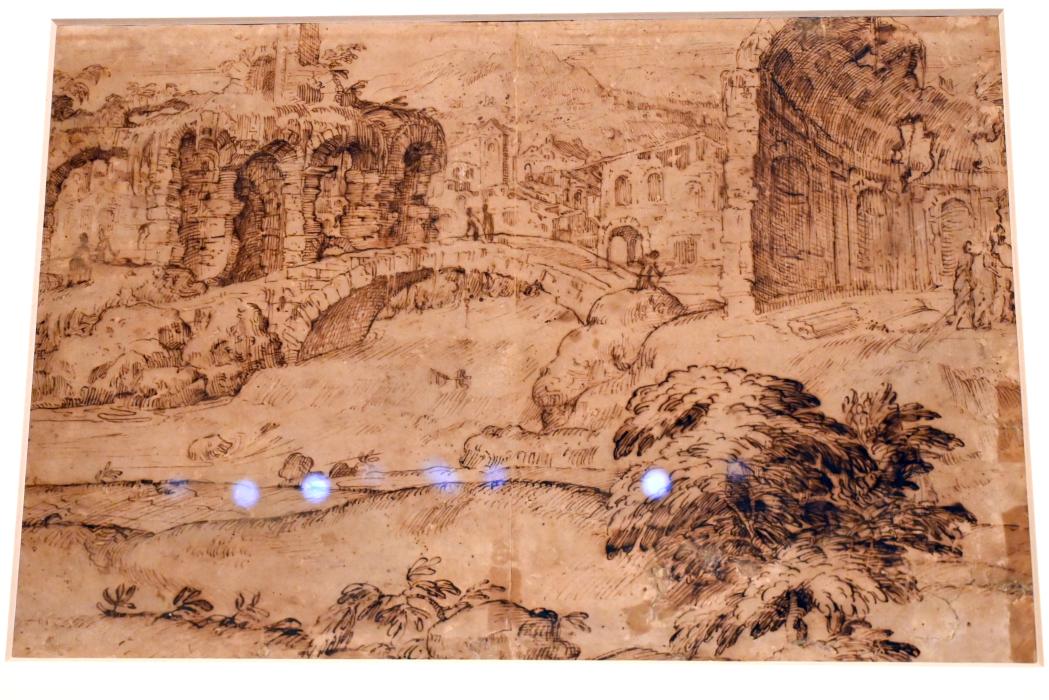 Landschaft mit Ruinen, einer Brücke und einem Fluss mit Figuren, Urbino, Galleria Nazionale delle Marche, Obergeschoß Saal 7, 2. Hälfte 16. Jhd., Bild 1/2