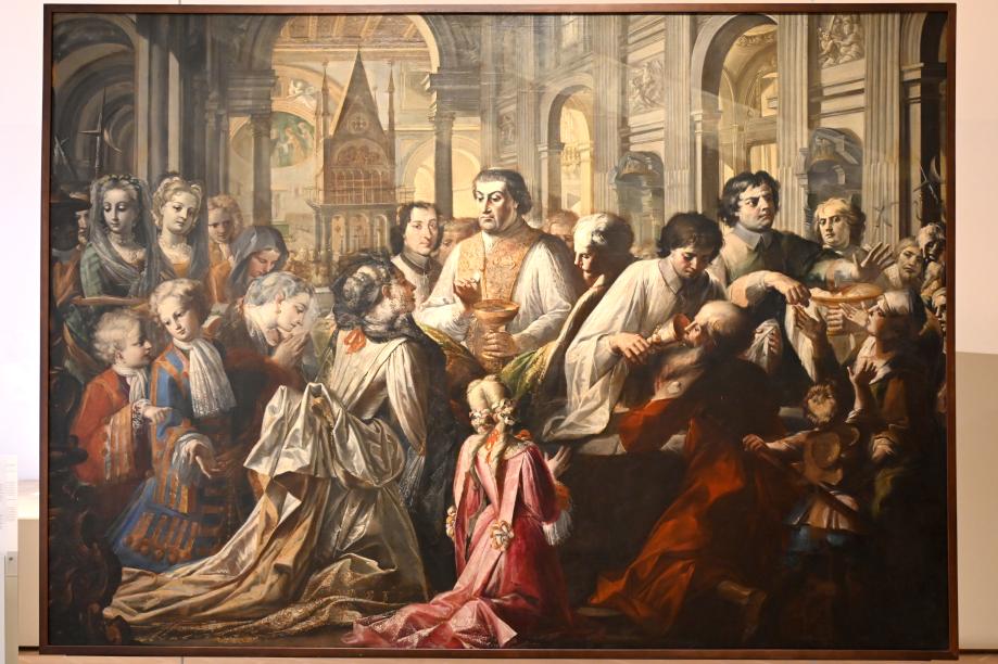 Pier Leone Ghezzi (1708–1710), Papst Clemens XI. spendet die Kommunion im Lateran, Castel Gandolfo, Päpstlicher Palast, jetzt Urbino, Galleria Nazionale delle Marche, Obergeschoß Saal 15, um 1710, Bild 1/2