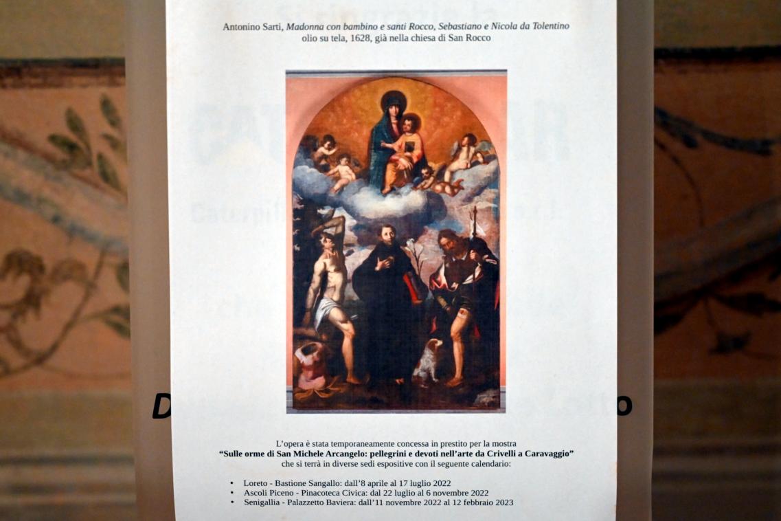 Antonino Sarti (1613–1628), Maria mit Kind in der Himmelsglorie und den Heiligen Sebastian, Rochus und Nikolaus von Tolentino, Jesi, Städtische Kunstgalerie, Saal 6, 1628