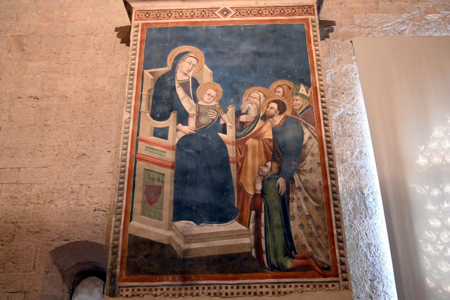 Mello da Gubbio (1324–1355), Thronende Maria mit Kind, vier Heiligen und einem Stifter ("Maestà dei Consoli"), Gubbio, Palazzo dei Consoli, jetzt Gubbio, Pinacoteca Comunale im Palazzo dei Consoli, Erdgeschoss Saal 2, um 1350