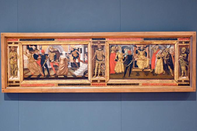 Zwei Szenen aus dem Leben Virginias zwischen Epaminondas, Scipio Africanus und Brutus, Gubbio, Museum im Palazzo Ducale, Saal 1, um 1490–1500, Bild 1/2