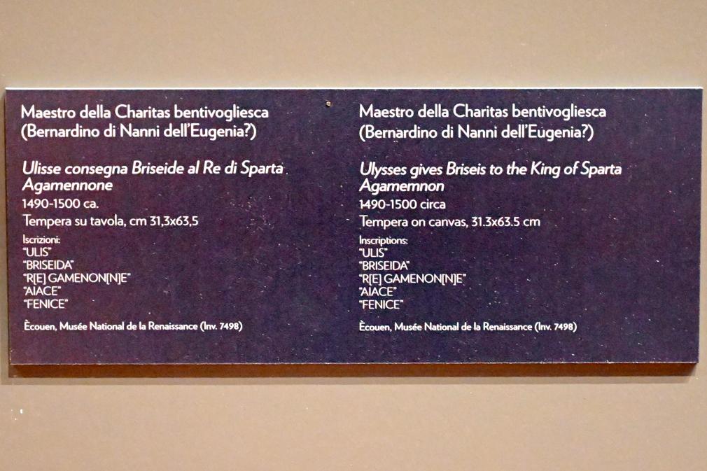 Maestro della Charitas bentivogliesca (1485–1495), Odysseus gibt Briseis an Agamemnon, den König von Sparta, Gubbio, Museum im Palazzo Ducale, Saal 1, um 1490–1500, Bild 2/2