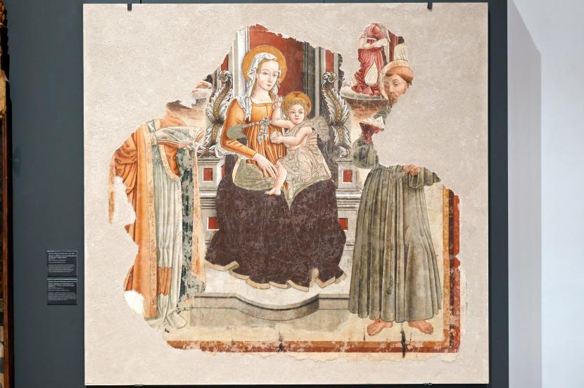 Orlando Merlini (1490–1503), Thronende Maria mit Kind zwischen den heiligen Augustinus (?), Franziskus und musizierenden Engeln, Gubbio, Chiesa Santa Maria Nuova, jetzt Gubbio, Museum im Palazzo Ducale, Saal 1, um 1485–1495