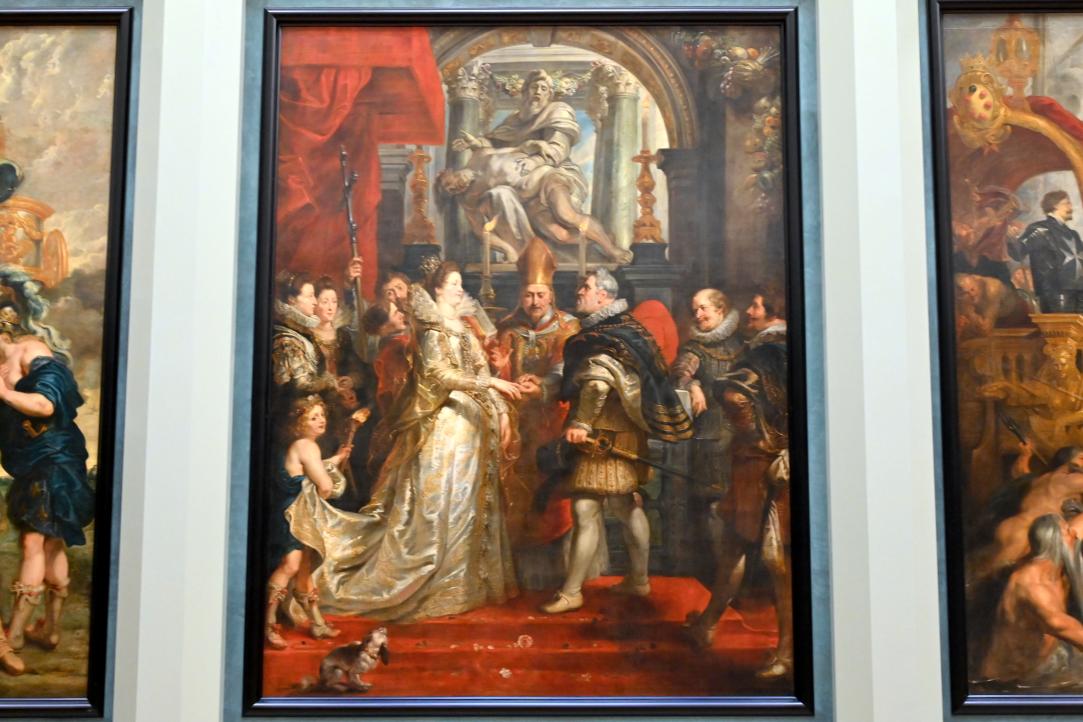 Peter Paul Rubens (1598–1640), Die Hochzeit der Königin (Die Vermählung von Marie de' Medici und Heinrich IV. in Florenz am 5. Oktober 1600), Paris, Musée du Louvre, Saal 801, 1. Viertel 17. Jhd., Bild 1/2