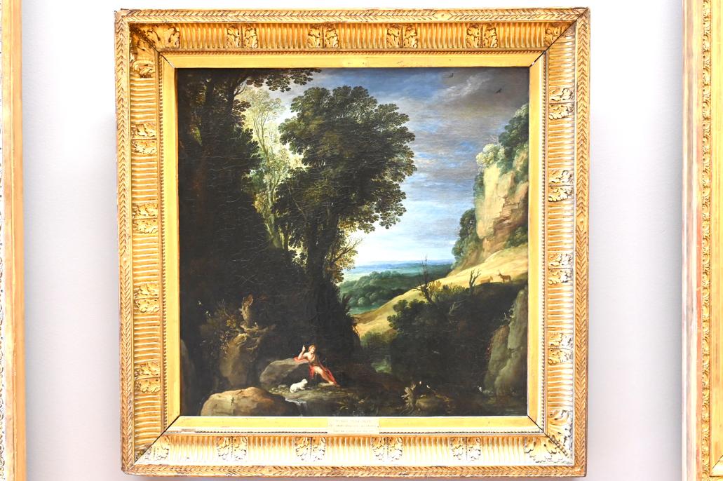 Paul Bril (1592–1624), Johannes der Täufer in einer Landschaft (Johannes der Täufer in der Wüste), Paris, Musée du Louvre, Saal 802, um 1620–1622, Bild 1/2