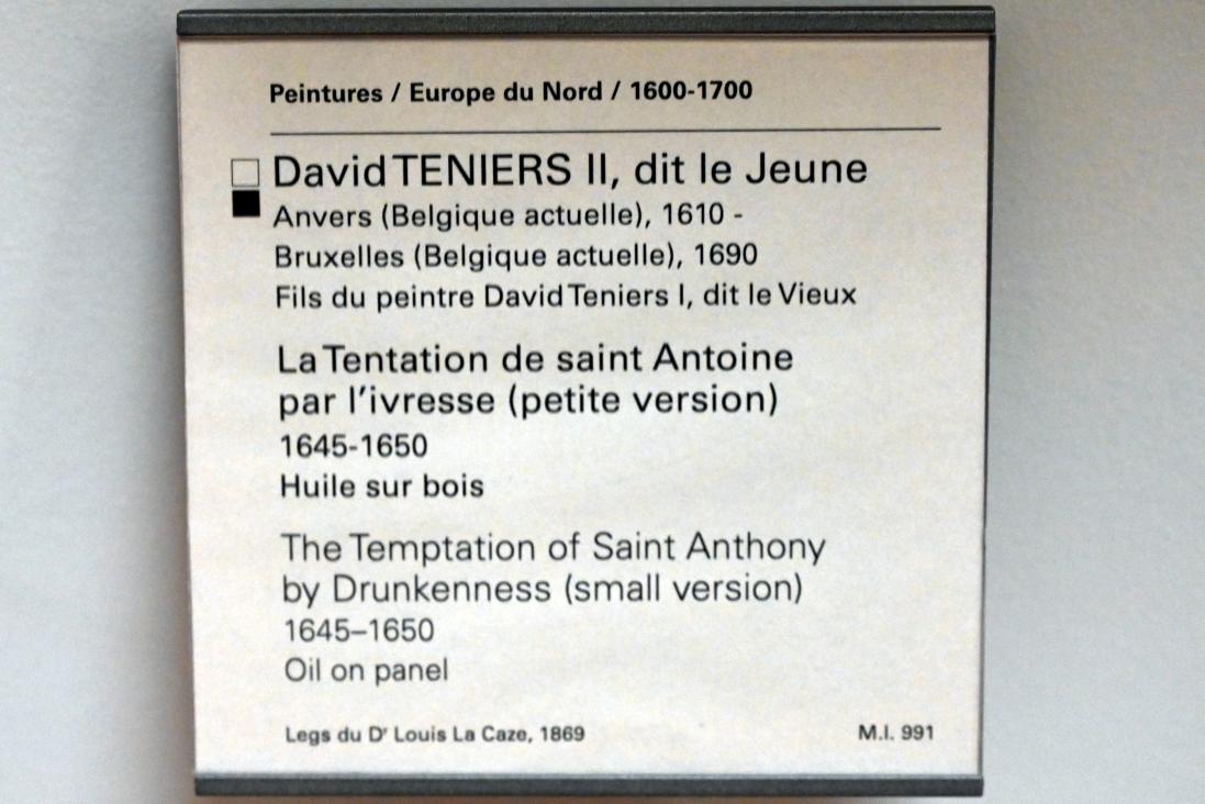 David Teniers der Jüngere (1633–1682), Die Versuchung des heiligen Antonius durch Trunkenheit (kleine Version), Paris, Musée du Louvre, Saal 857, 1645–1650, Bild 2/2