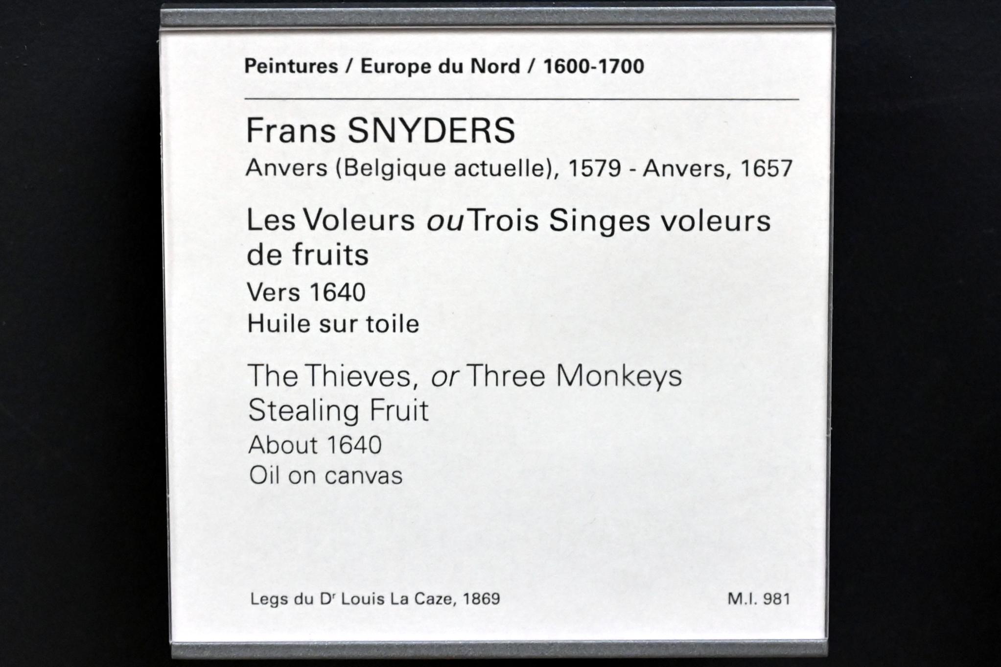 Frans Snyders (1610–1650), Die Diebe (Drei Affen beim Früchteklauen), Paris, Musée du Louvre, Saal 850, um 1640, Bild 2/2