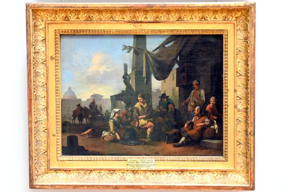 Johannes Lingelbach (1653–1675), Römisches Capriccio (Italienische Bauern beim Trinken an einer römischen Schenke), Paris, Musée du Louvre, Saal 851, um 1660–1670, Bild 1/2