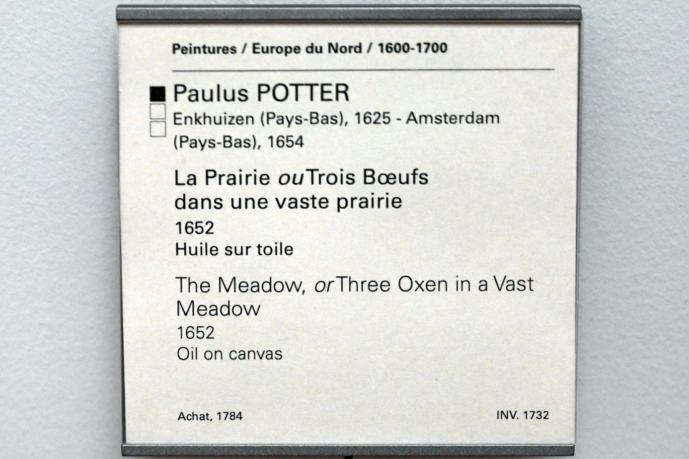 Paulus Potter (1642–1653), Die Weide (Drei Rinder auf einer weiten Weide), Paris, Musée du Louvre, Saal 854, 1652, Bild 2/2