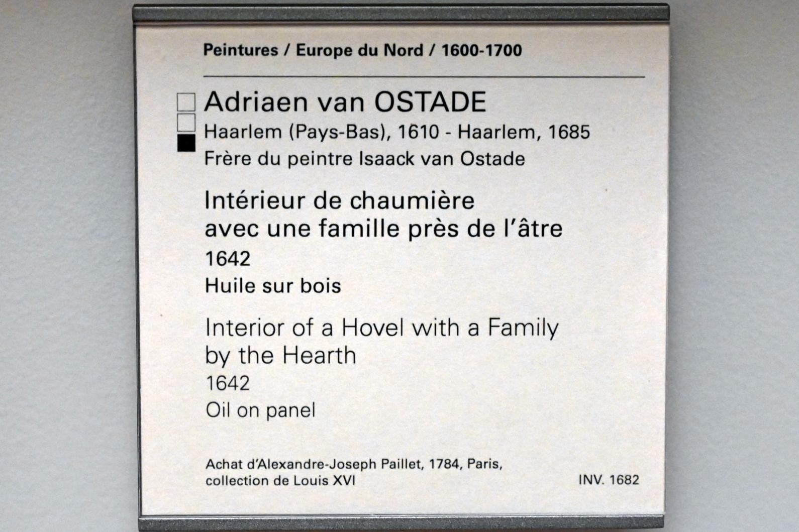 Adriaen van Ostade (1635–1670), Hütteninterieur mit einer Familie an einer Feuerstelle, Paris, Musée du Louvre, Saal 854, 1642, Bild 2/2