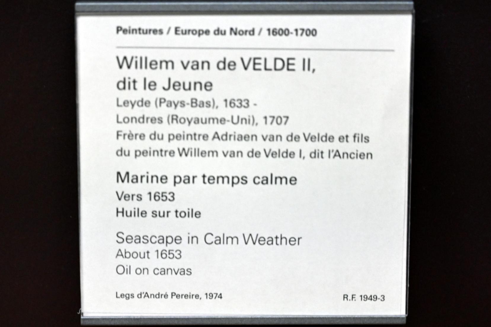 Willem van de Velde der Jüngere (1653–1673), Seestück bei Windstille, Paris, Musée du Louvre, Saal 846, um 1653, Bild 2/2