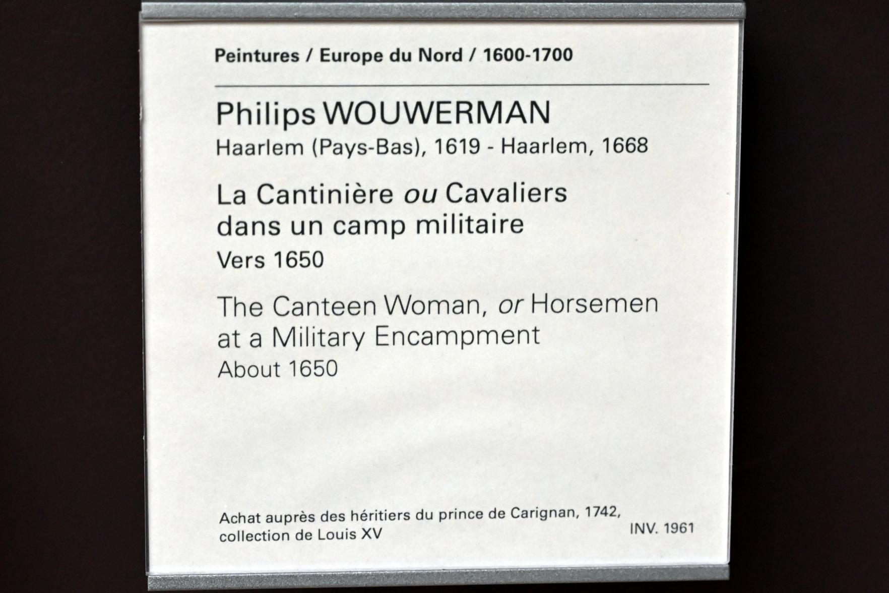 Philips Wouwerman (1645–1665), Die Kantinenfrauen (Reiter an einem Militärstützpunkt), Paris, Musée du Louvre, Saal 846, um 1650, Bild 2/2