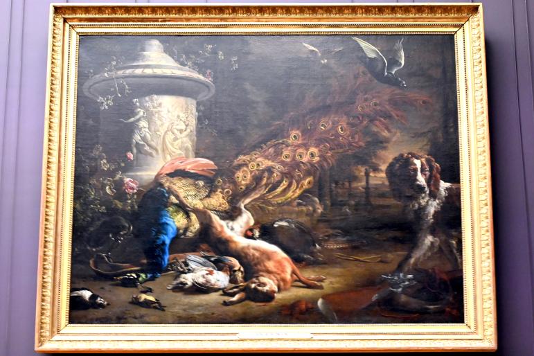 Jan Weenix (1661–1713), Stillleben mit Pfau und Hund (Jagdtrophäen), Paris, Musée du Louvre, Saal 845, 1696, Bild 1/2