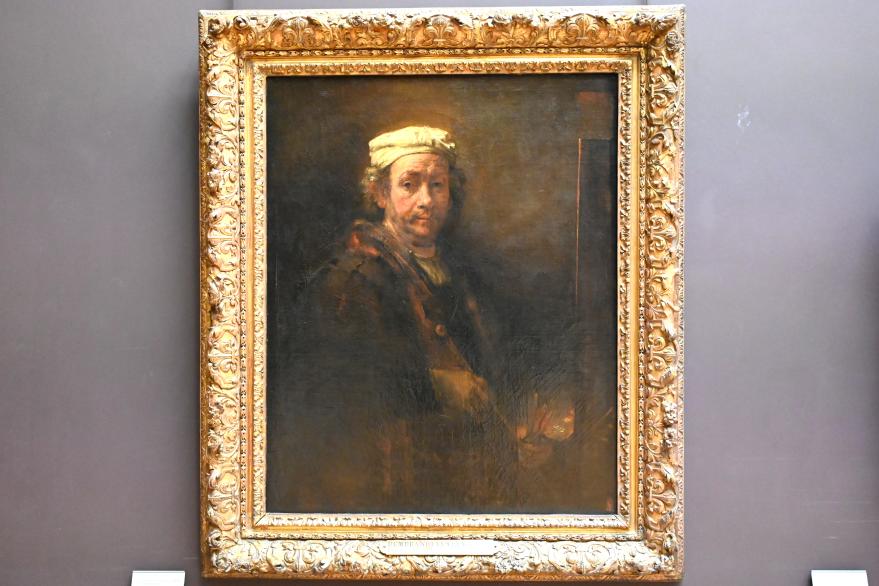 Rembrandt (Rembrandt Harmenszoon van Rijn) (1627–1669), Selbstporträt an der Staffelei, Paris, Musée du Louvre, Saal 844, 1660, Bild 1/2