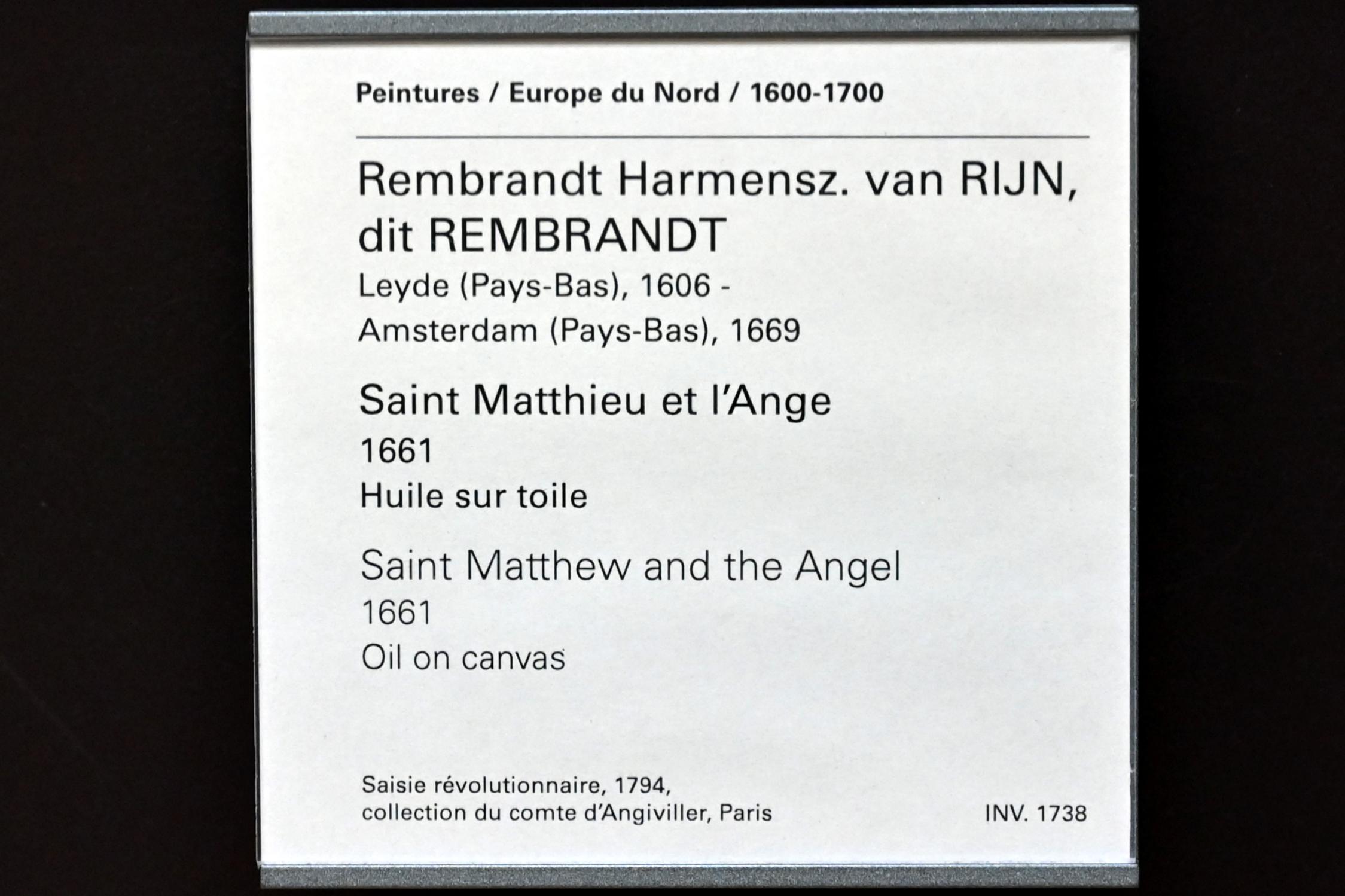 Rembrandt (Rembrandt Harmenszoon van Rijn) (1627–1669), Evangelist Matthäus und der Mensch mit Flügeln, Paris, Musée du Louvre, Saal 844, 1661, Bild 2/2