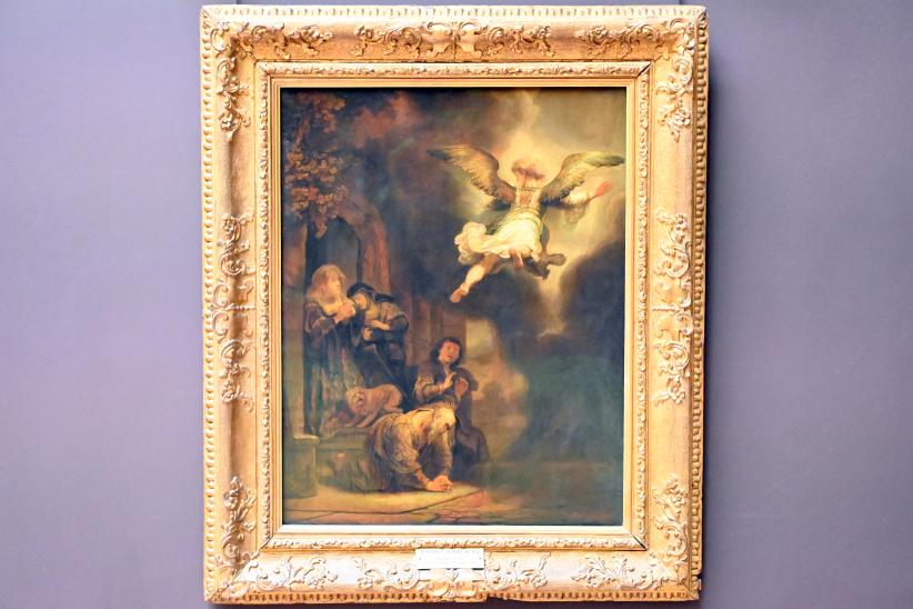 Rembrandt (Rembrandt Harmenszoon van Rijn) (1627–1669), Der Erzengel Raphael verlässt die Familie des Tobias (Tobias und seine Familie werfen sich vor dem Engel nieder), Paris, Musée du Louvre, Saal 844, 1637, Bild 1/2