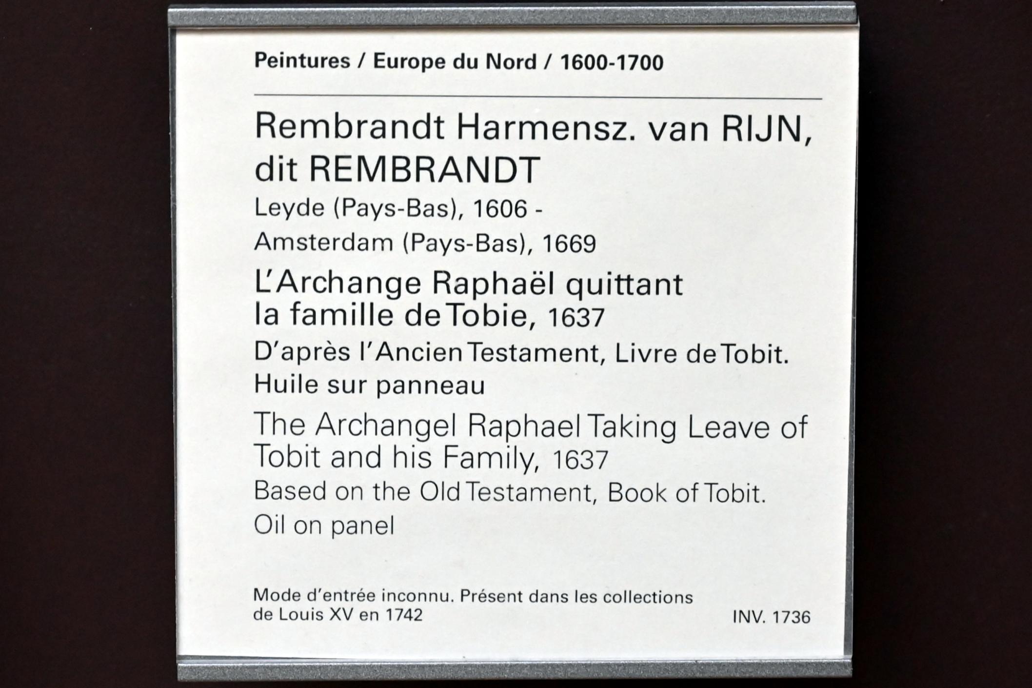 Rembrandt (Rembrandt Harmenszoon van Rijn) (1627–1669), Der Erzengel Raphael verlässt die Familie des Tobias (Tobias und seine Familie werfen sich vor dem Engel nieder), Paris, Musée du Louvre, Saal 844, 1637, Bild 2/2