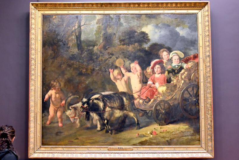 Ferdinand Bol (1643–1665), Nobel gekleidete Kinder in einem von Ziegen gezogenen Wagen, Paris, Musée du Louvre, Saal 843, 1654, Bild 1/2