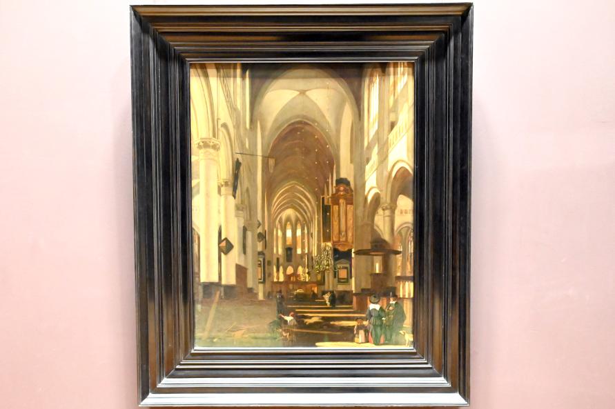 Emanuel de Witte (1650–1680), Imaginäre Ansicht einer protestantischen Kirche im gotischen Stil, mit Grabmal und verschiedenen Figuren, Paris, Musée du Louvre, Saal 839, um 1669–1670, Bild 1/2
