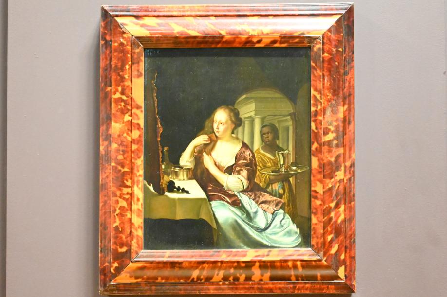 Frans van Mieris der Ältere (1657–1678), Junge Frau beim Haarekämmen mit schwarzer Dienerin, Paris, Musée du Louvre, Saal 839, 1678, Bild 1/2