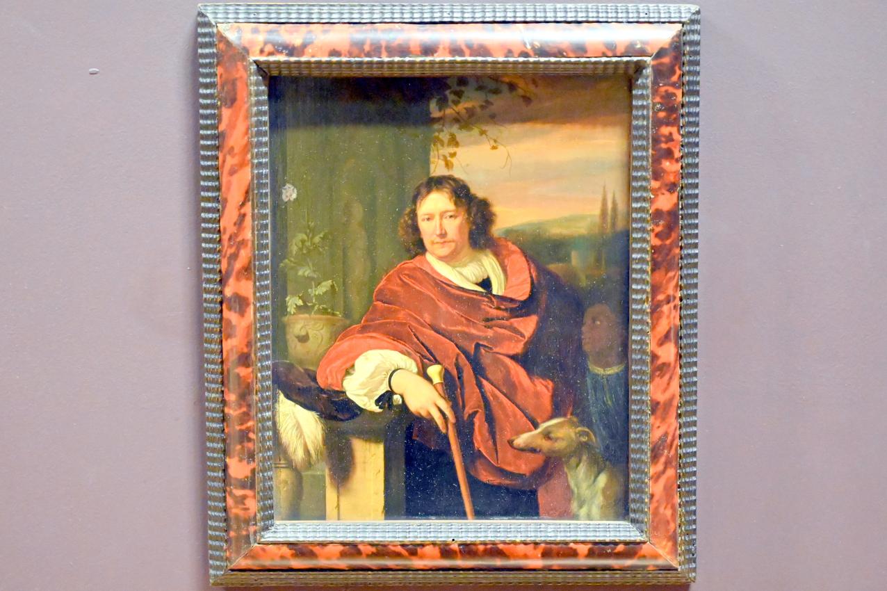 Frans van Mieris der Ältere (1657–1678), Porträt eines Mannes mit Gehstock, kleinem Negerdiener und Hund, Paris, Musée du Louvre, Saal 839, um 1672–1673, Bild 1/2