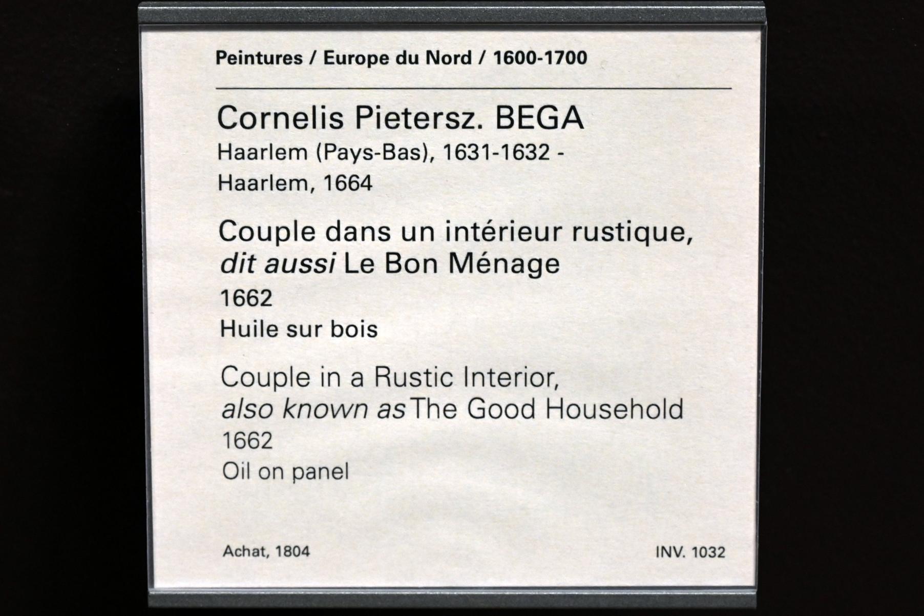 Cornelis Pietersz. Bega (1657–1663), Paar in einem rustikalen Interieur (Der gute Haushalt), Paris, Musée du Louvre, Saal 838, 1662, Bild 2/2