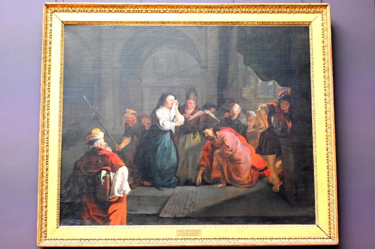 Gabriël Metsu (1653–1665), Christus verteidigt die Ehebrecherin, Paris, Musée du Louvre, Saal 837, 1653, Bild 1/2
