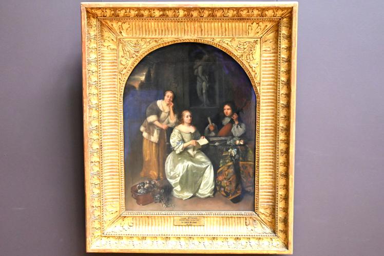 Caspar Netscher (1664–1685), Unterbrochenes Duett (Sänger und Theorbespieler), Paris, Musée du Louvre, Saal 837, 1664