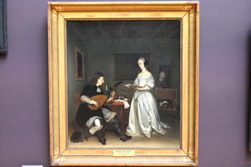 Gerard ter Borch (1635–1675), Sängerin und Theorbespieler im Duett, Paris, Musée du Louvre, Saal 837, 1669, Bild 1/2