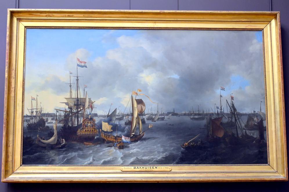 Ludolf Bakhuizen (Backhuysen) (1661–1700), Blick auf Amsterdam mit Booten in der Bucht des IJ, Paris, Musée du Louvre, Saal 836, 1666, Bild 1/2