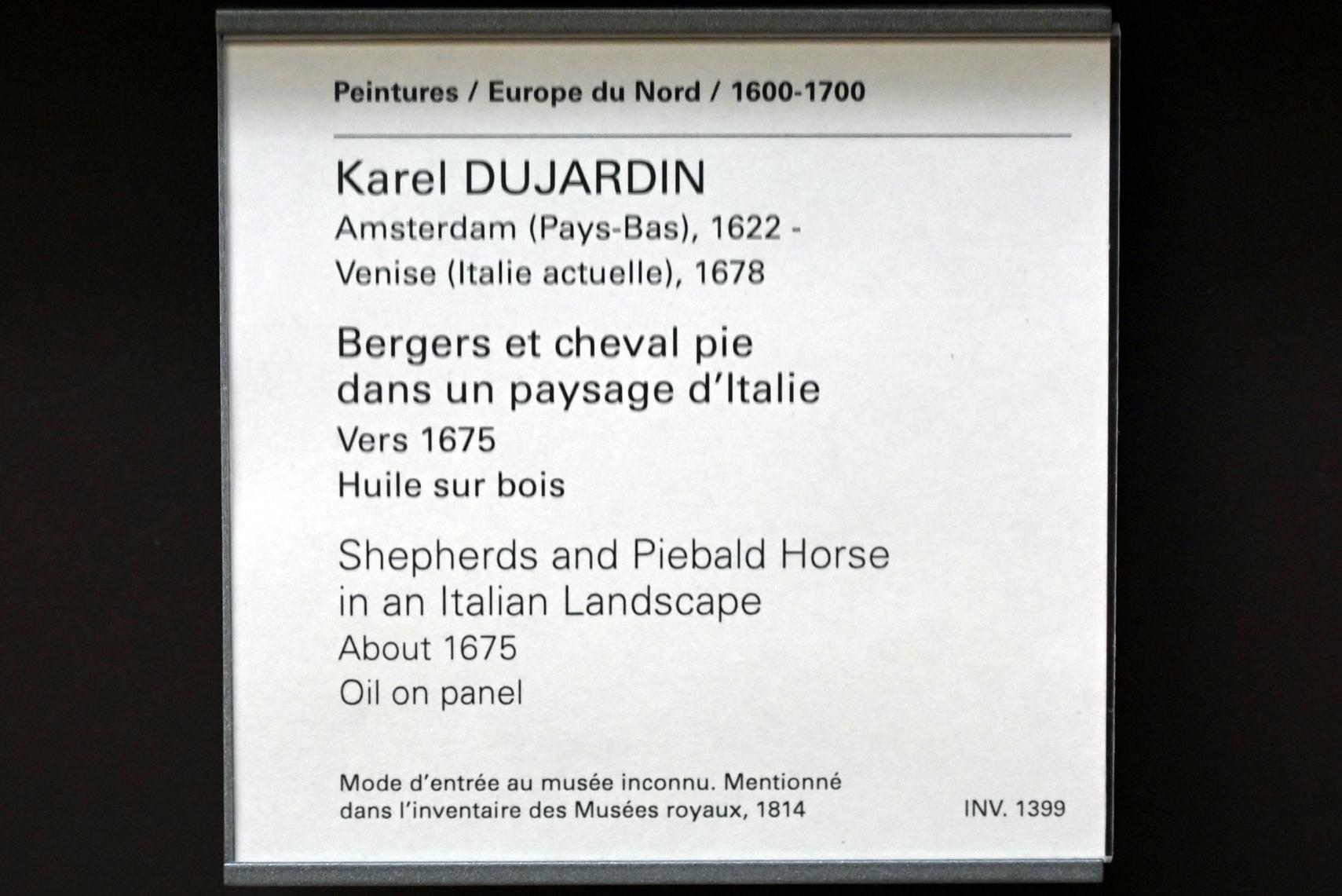 Karel Dujardin (1652–1678), Hirten und geschecktes Pferd in einer italienischen Landschaft, Paris, Musée du Louvre, Saal 836, um 1675, Bild 2/2