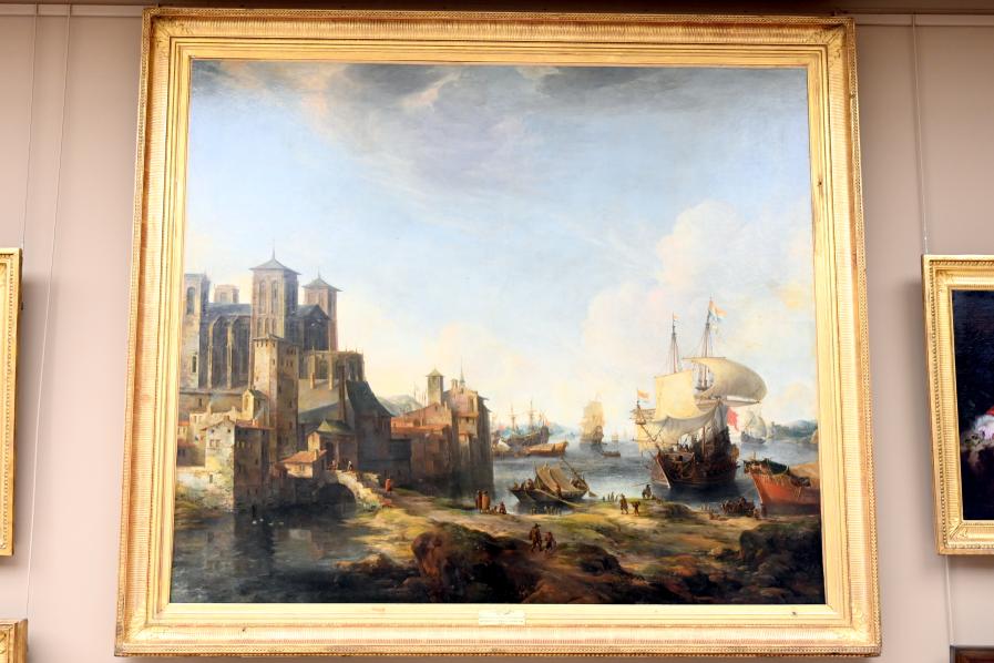 Jan Abrahamszoon Beerstraten (1642–1665), Imaginäre Ansicht eines südlichen Hafens mit der Apsis der Kathedrale von Lyon, Paris, Musée du Louvre, Saal 902, 1652, Bild 1/2