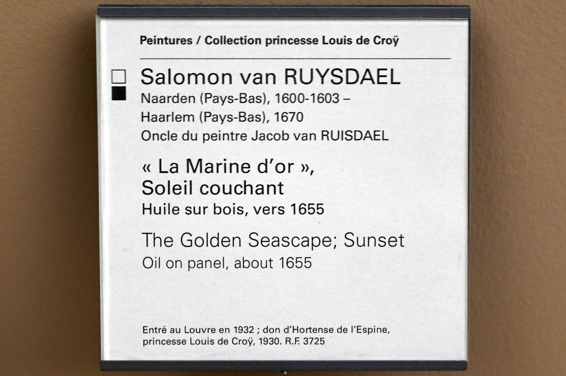 Salomon van Ruysdael (1631–1665), Die goldfarbene See bei Sonnenuntergang, Paris, Musée du Louvre, Saal 902, um 1655, Bild 2/2